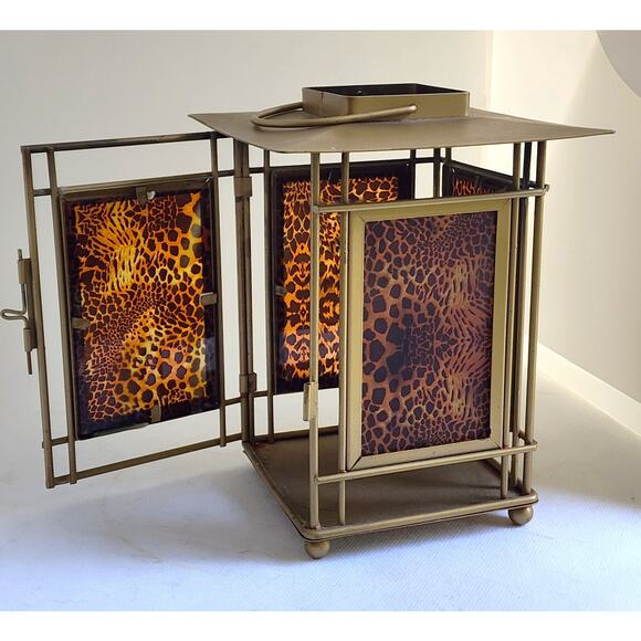 CANDLE HOLDER/Gold Tone-Leopard Glass Sides, Handle to Hang, Latch Door - Picture 6 of 11